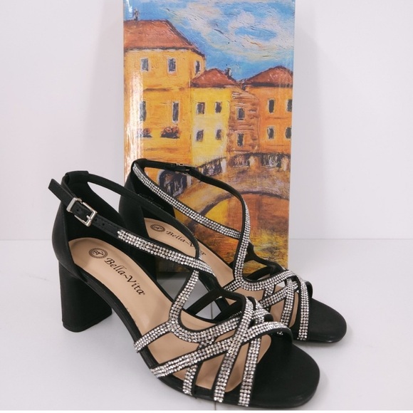Bella Vita Shoes - Bella Vita Aliette Black Rinestone Accents Heeled Dress Sandal - Women's 10 WW